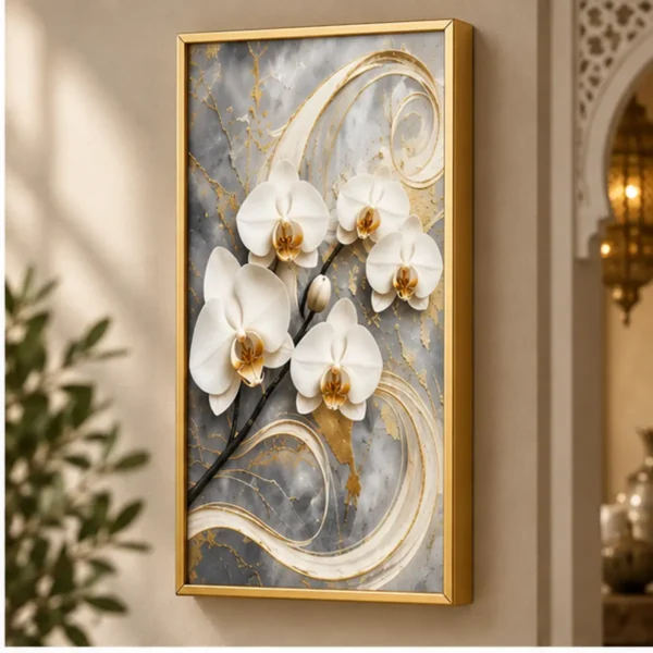 Cache-Disjoncteur 3D Orchidées Blanches — Marbre Gris & Or