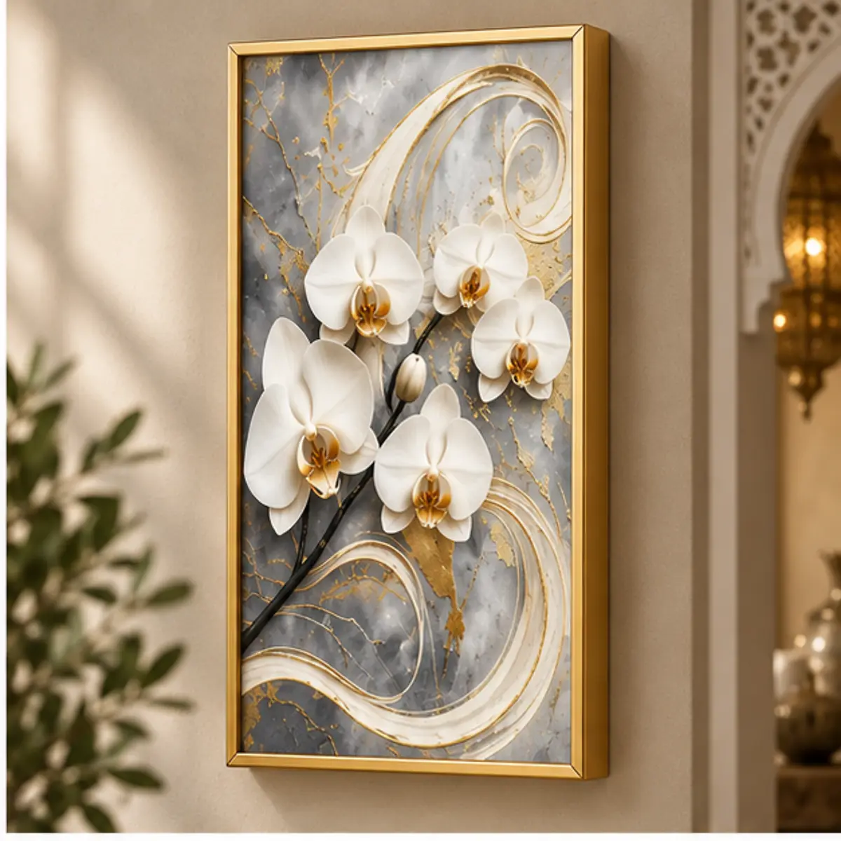 NS-0374-02-studio-vertical Cache-Disjoncteur 3D Orchidées Blanches — Marbre Gris & Or – Image 1