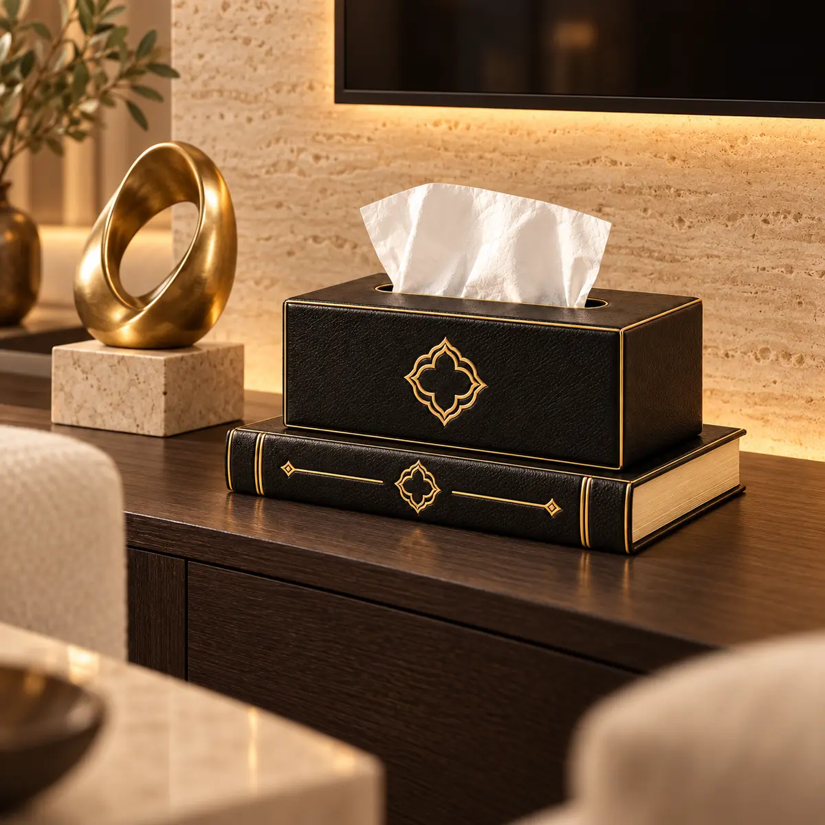 Boîte à mouchoirs décorative noire et dorée