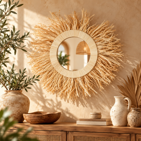 Miroir Soleil en Raphia Naturel