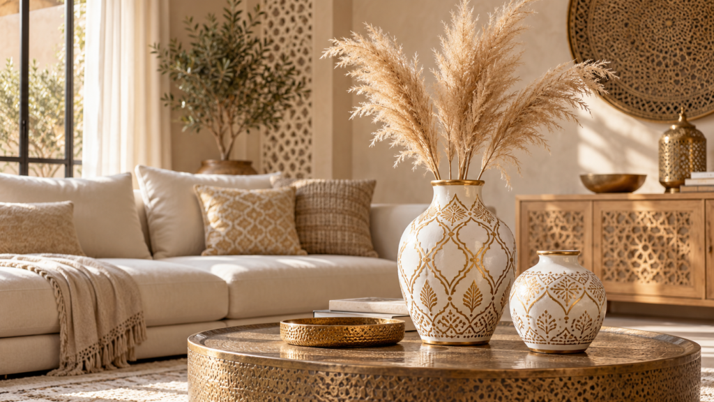 Vases décoratifs blanc et or dans un salon marocain moderne