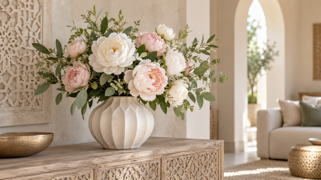 Bouquet de fleurs artificielles blanches et roses dans un vase décoratif