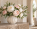 Bouquet de fleurs artificielles blanches et roses dans un vase décoratif