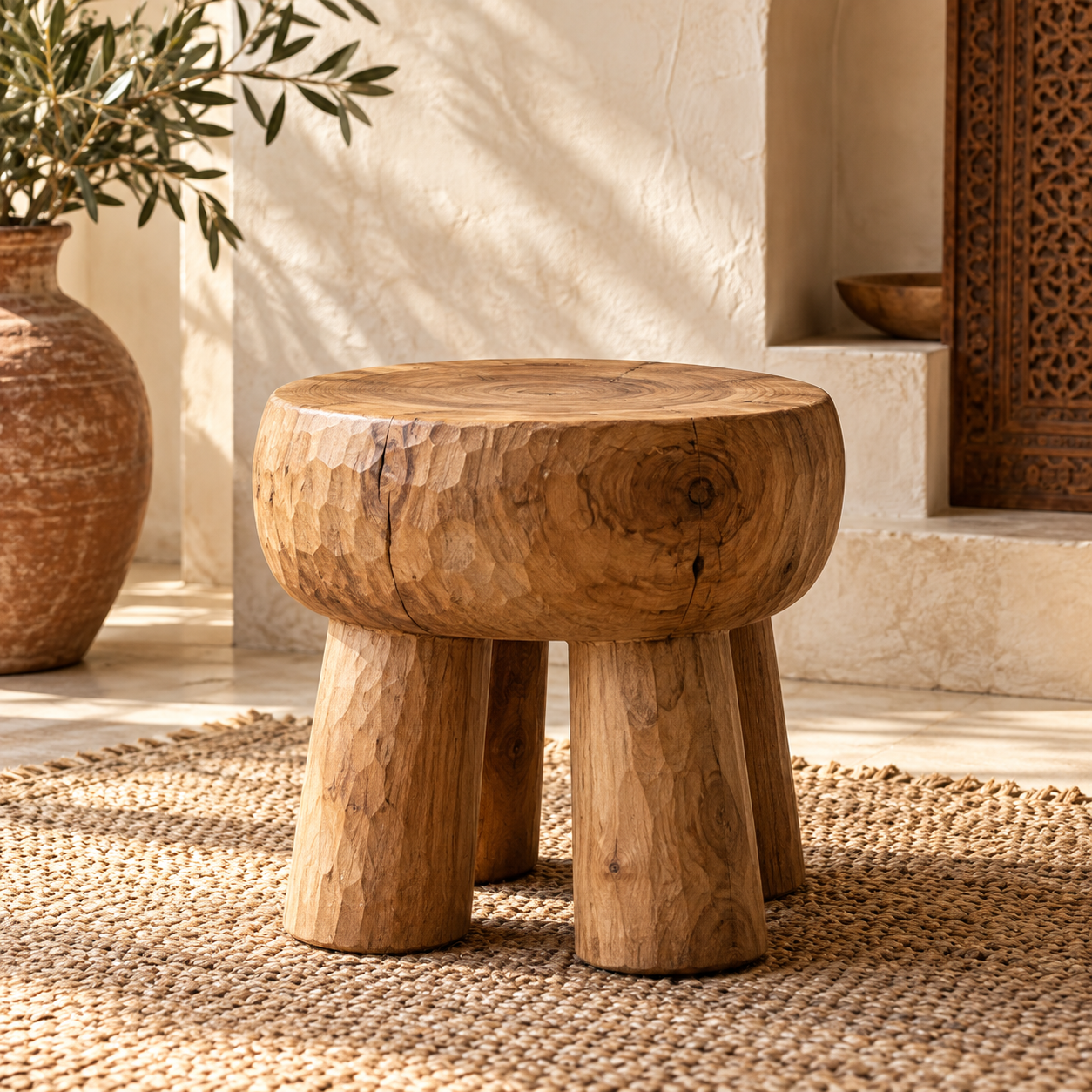Tabouret artisanal marocain en bois naturel pour intérieur