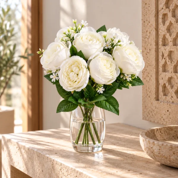 Bouquet de roses blanches et gypsophile artificielles