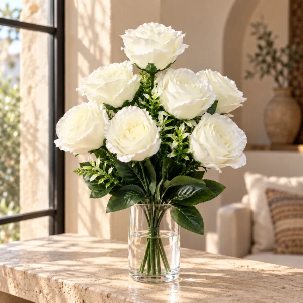 Bouquet de roses blanches artificielles — Feuillage vert