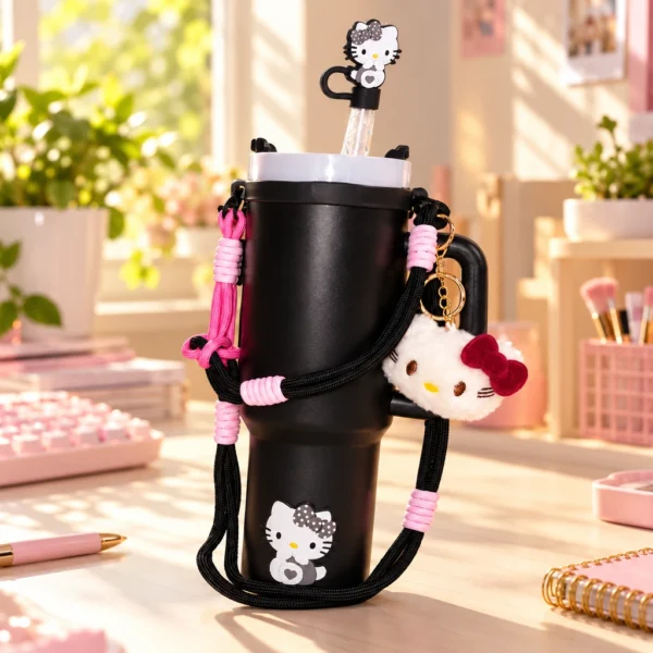 Gobelet isotherme Hello Kitty noir — Bandoulière et peluche