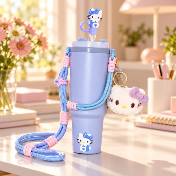 Gobelet isotherme Hello Kitty bleu — Bandoulière et peluche
