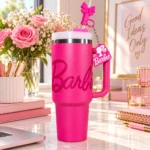 Gobelet isotherme Barbie rose fuchsia — Nœud et breloque