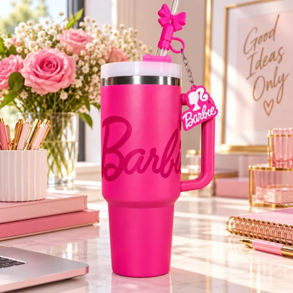 Gobelet isotherme Barbie rose fuchsia — Nœud et breloque
