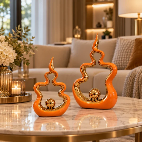 Duo de sculptures flamme — Orange et or