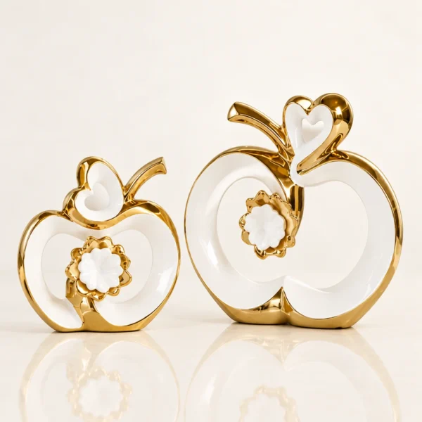 Sculptures pomme en céramique — Blanc et or — Duo complet