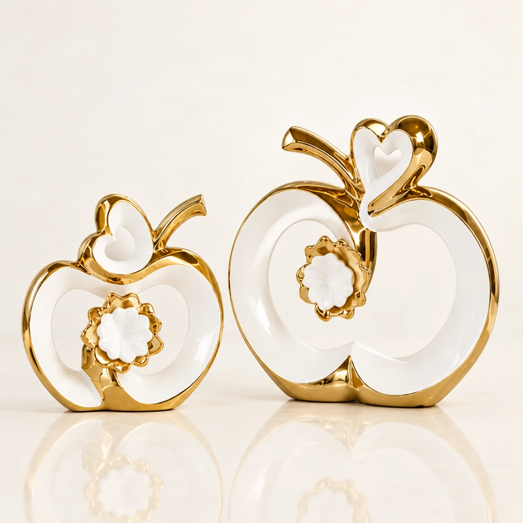 decoria-objet-0317-01-principal Sculptures pomme en céramique — Blanc et or — Duo complet – Image 1