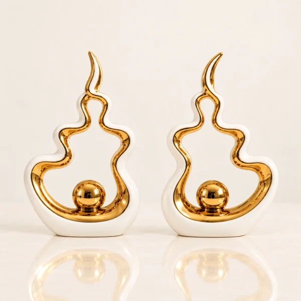 Sculptures flamme en céramique — Blanc et or — Duo complet