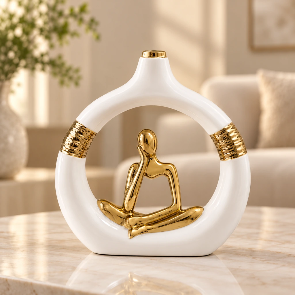 decoria-objet-0343-02-ambiance Vase cercle avec figurine méditation — Blanc et or – Image 1