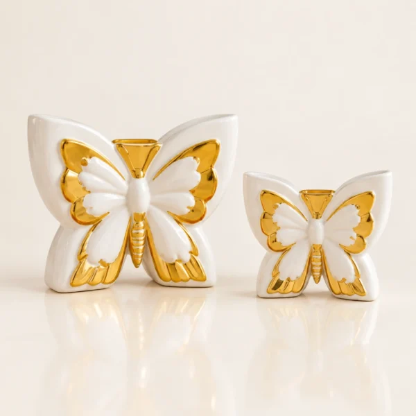 Papillons décoratifs en céramique — Blanc et or — Duo complet