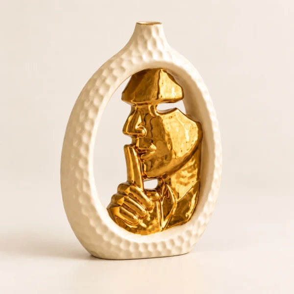 Vases ovales à visage sculpté — Blanc et or — Grand
