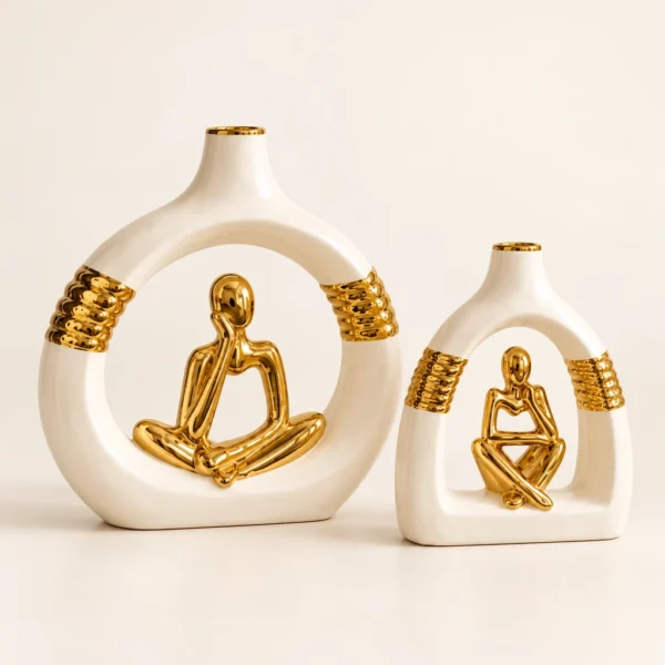 Vases à figurines méditation — Blanc et or — Duo complet