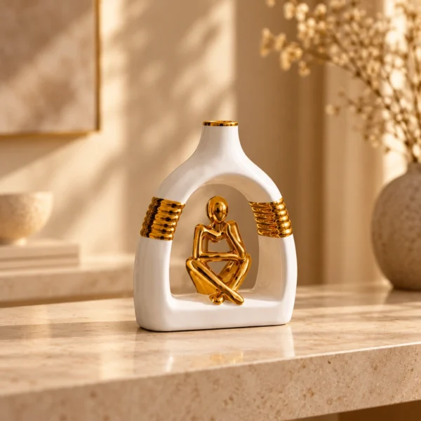 Vase arche avec figurine du Penseur — Blanc et or