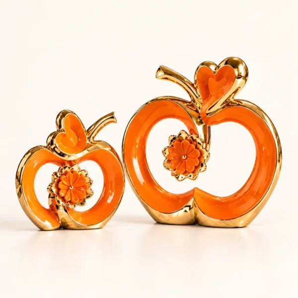 Sculptures pomme en céramique — Orange et or — Duo complet