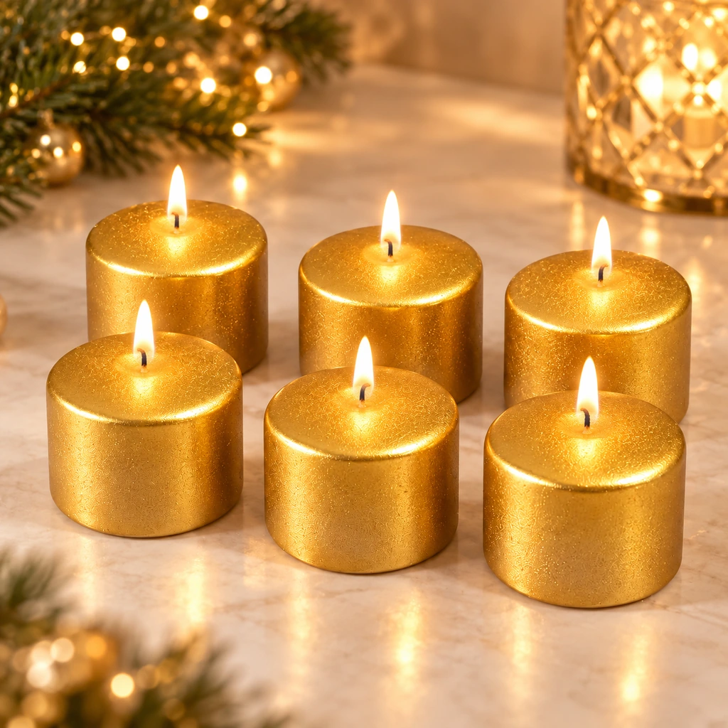 decoria-objet-0449-02-ambiance Bougies piliers dorées — Boîte de 6 – Image 1