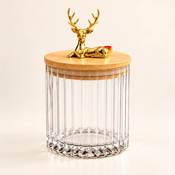 Pot en verre côtelé — Couvercle bambou et cerf doré — 1 unité