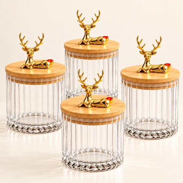 Pot en verre côtelé — Couvercle bambou et cerf doré — Lot de 4