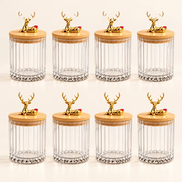 Pot en verre côtelé — Couvercle bambou et cerf doré — Lot de 8