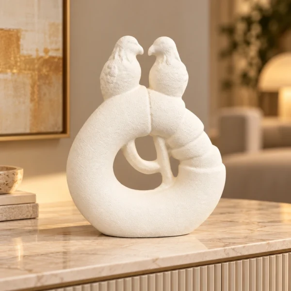 Vase sculpture anneau et duo d’oiseaux — Blanc