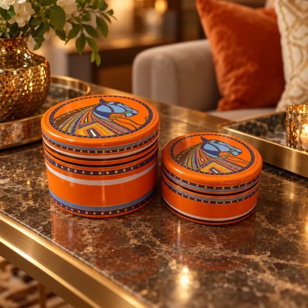 Boîtes rondes orange — Décor équestre