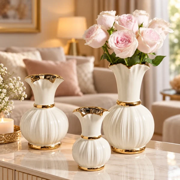 Vases tulipe cannelés blanc et or — Trio