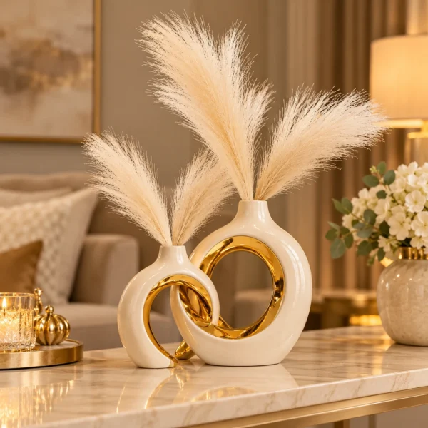Duo de vases anneaux entrelacés crème et or