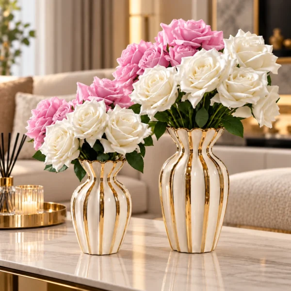 Vases tulipe côtelés blanc et or — Duo