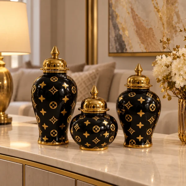 Trio de potiches noires à motifs dorés