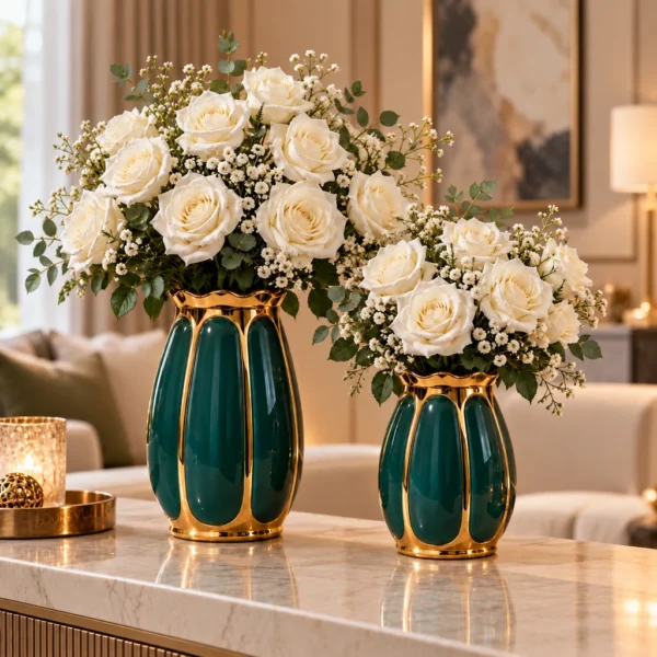 Vases cannelés vert et or — Duo