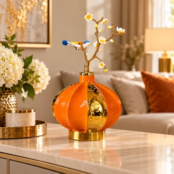 Vase lanterne orange et or — Branche fleurie et oiseau