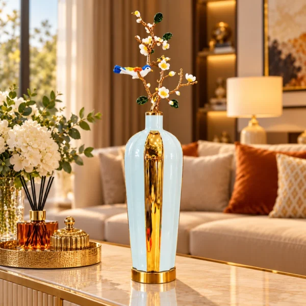 Vase bleu pâle et or — Branche fleurie et oiseau