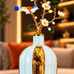 Vase bleu pâle et or — Branche fleurie et oiseau – Image 3