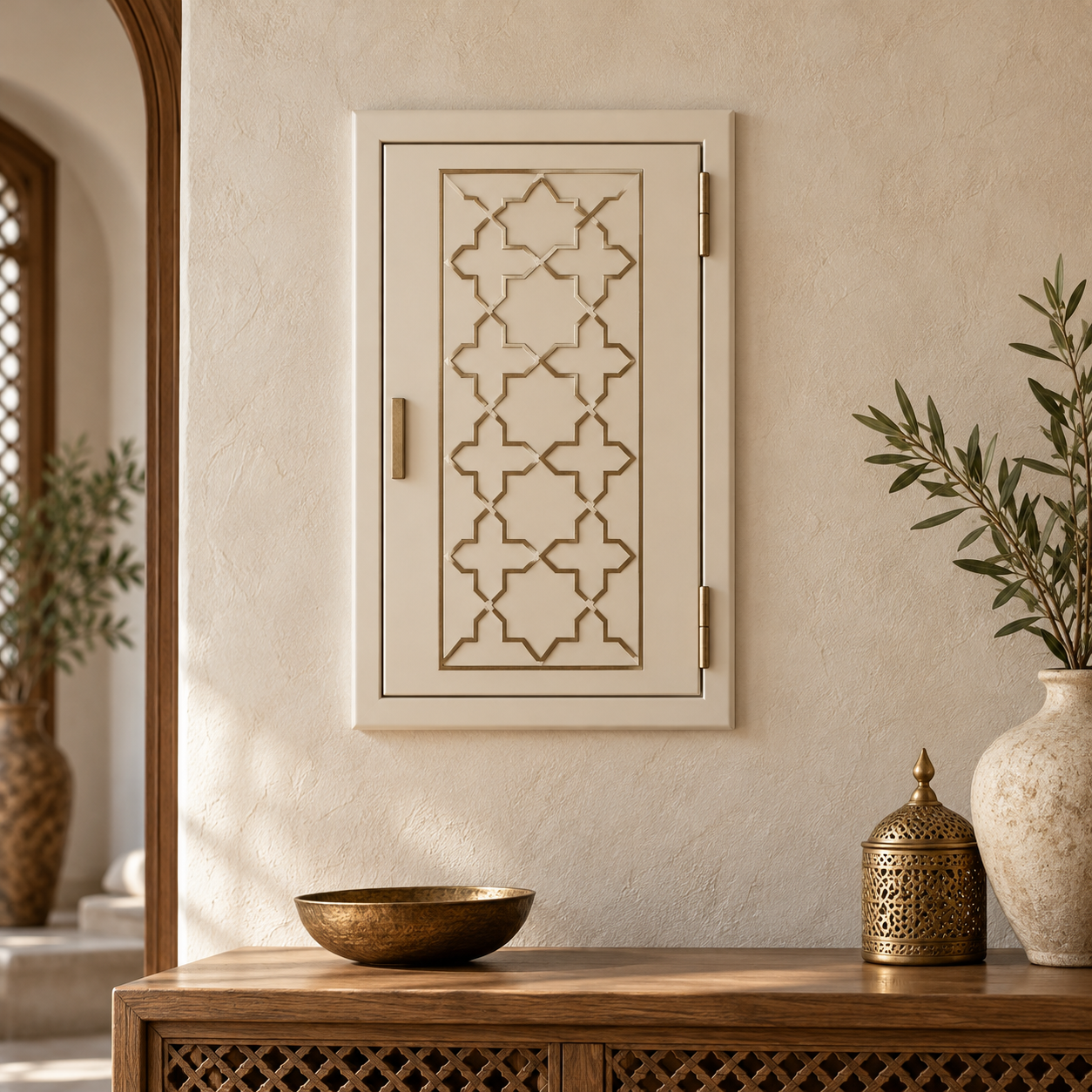 Cache-disjoncteur mural décoratif marocain aux motifs géométriques et dorés